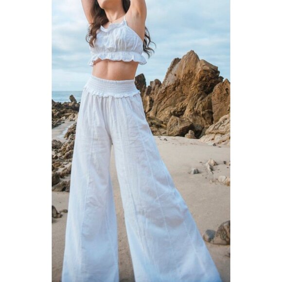 Blanco by nature Pants - Blanco By Nature White Cotton Wide Leg Pants Large Smocked High Waist Resort NEW
